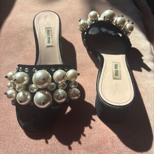 Miu Miu Velvet Pearl Block Heeled Mules
